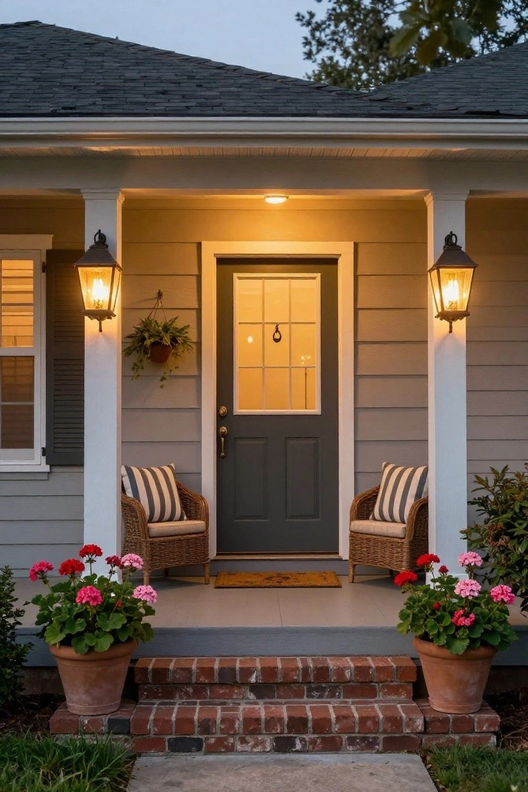 Gray clapboard house front porch at dusk with dark wood door centered between white columns topped by hanging lantern lights, wicker chairs with striped cushions on porch, potted red geraniums on brick steps, doormat at entry.