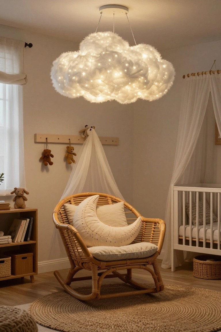 A nursery interior with a large fluffy white cloud pendant light fixture glowing with small white lights suspended from the ceiling, a rattan rocking chair with white pillows, white crib with sheer canopy, teddy bears on a wall hook board, and neutral decor.