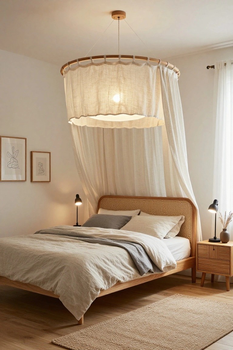 Bedroom interior featuring a large circular wooden hoop pendant light draped with white linen fabric forming a canopy over a rattan bed with neutral linens, flanked by wooden nightstands with black lamps and potted grasses.