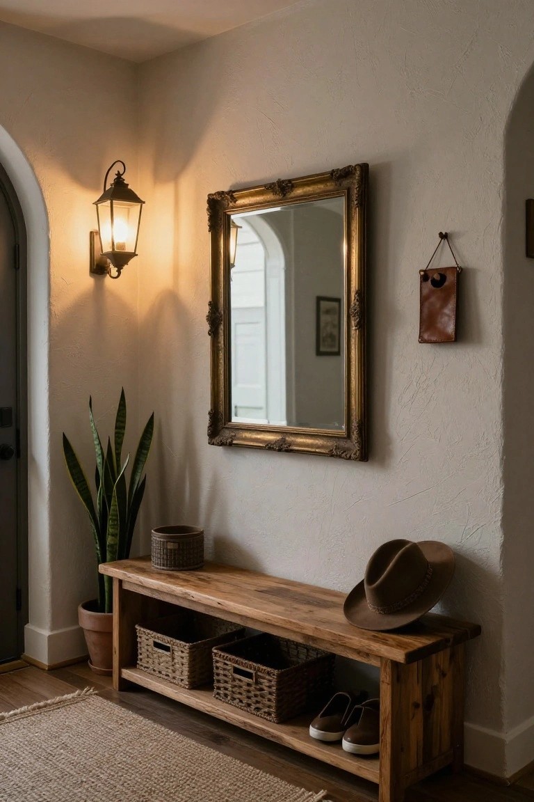 Entryway corner with glowing arched lantern sconce on white textured wall, gold-framed mirror, wooden bench holding woven baskets and shoes, potted snake plant, brown hat, and jute rug on wood floor.