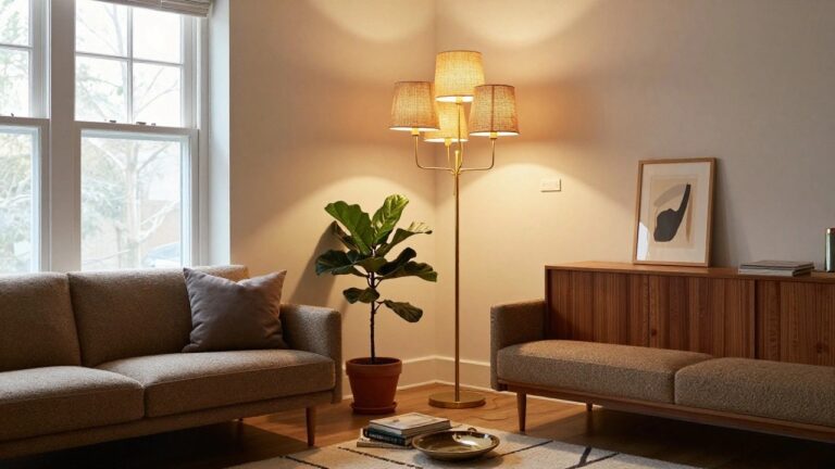Cozy living room corner with beige sofa, wooden credenza holding books and bowls, tall gold multi-arm floor lamp with rattan shades, potted fiddle leaf fig plant, framed artwork, and large windows on light walls.