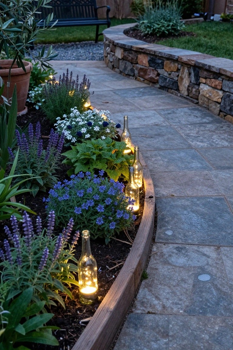 Curved stone pathway in a garden bordered by wooden edging, flower beds with lavender, delphiniums, and other plants, and glass bottles containing fairy lights embedded along the edge next to a stone wall, viewed at dusk.