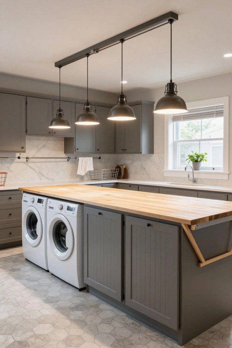 Laundry room interior featuring gray cabinets, two white front-loading washers, a large wooden island countertop, three black industrial pendant lights suspended from a ceiling track above the island, marble backsplash, and light gray hexagonal tile floor.