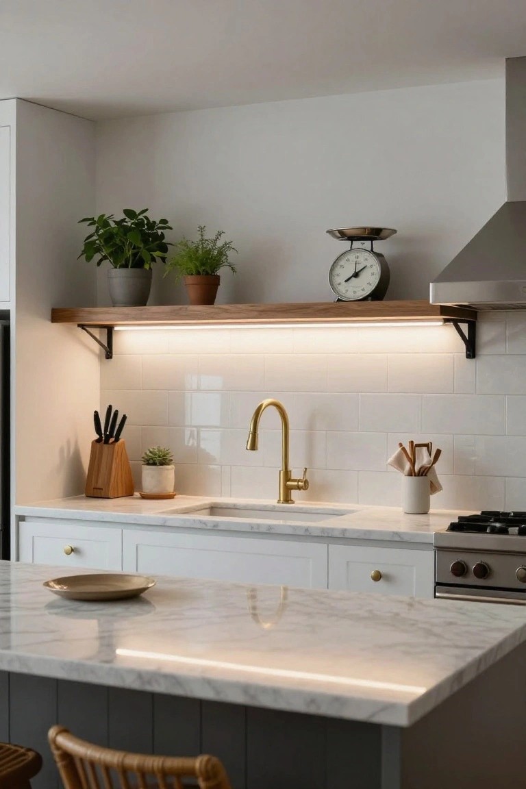 Modern white kitchen with marble island, gold faucet, wooden open shelf lit from below holding plants and scale, subway tile backsplash, and gas stove.
