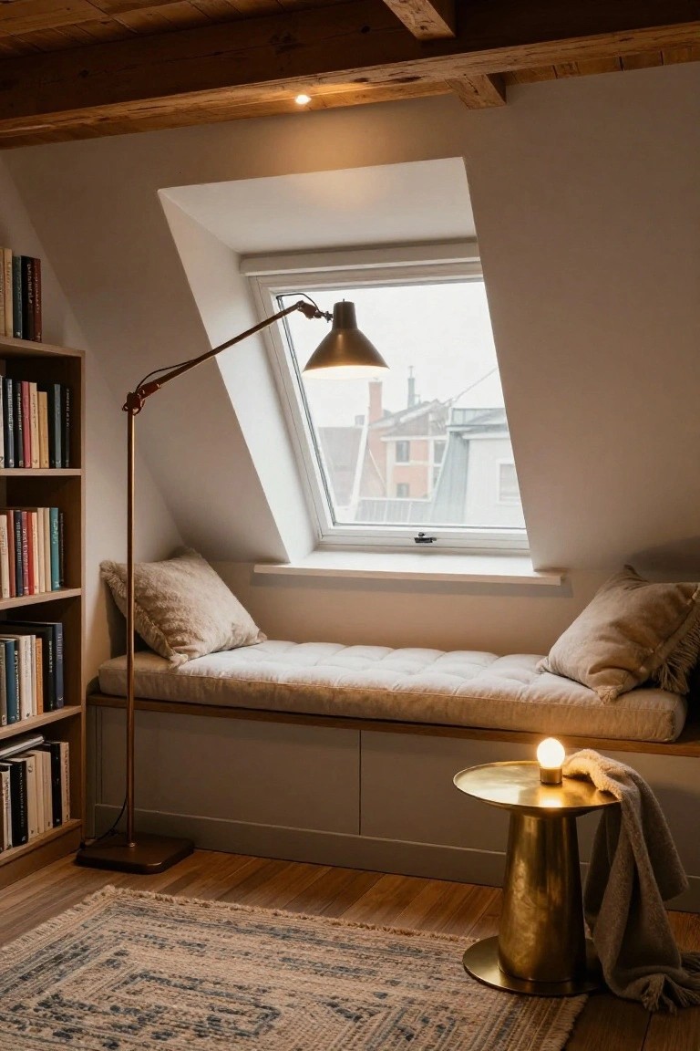 Attic reading nook with built-in bookshelves, cushioned window bench under dormer window, arched bronze floor lamp, brass side table holding small lit lamp and throw blanket, woven rug on wood floor.