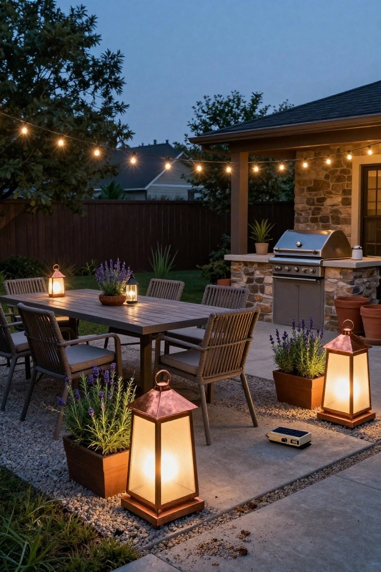 Backyard patio at dusk with rectangular wooden dining table and rattan chairs, stone outdoor kitchen with stainless steel grill, potted lavender plants, lit by overhead string lights and multiple copper and fabric lanterns.