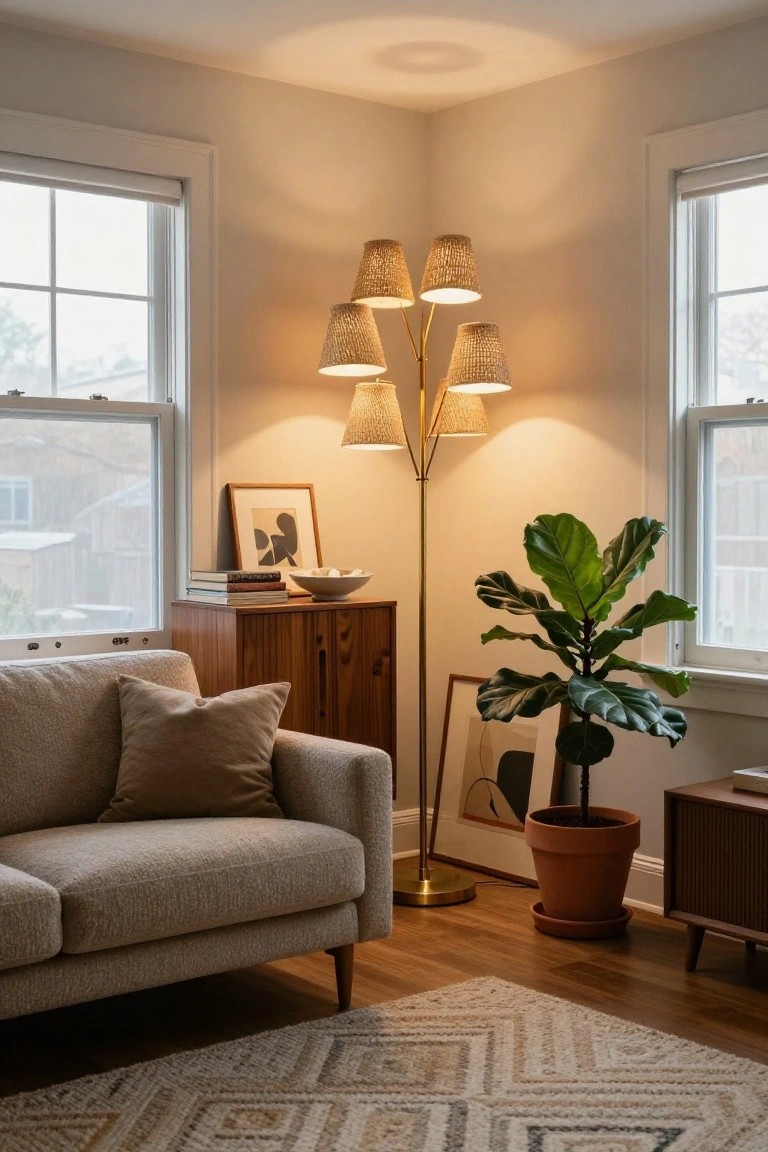 Cozy living room corner with beige sofa, wooden credenza holding books and bowls, tall gold multi-arm floor lamp with rattan shades, potted fiddle leaf fig plant, framed artwork, and large windows on light walls.