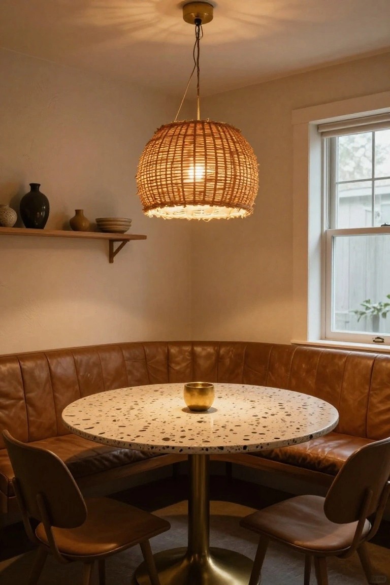 Corner indoor dining booth with tan leather bench seating, round table with white terrazzo top on brass base, woven rattan pendant light hanging above, wooden wall shelves holding pottery, and a nearby window with blinds.