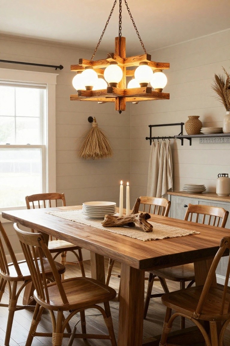 Dining room featuring a wooden chandelier with multiple white globe bulbs over a rectangular wooden table with white plates, candles, driftwood centerpiece, rattan chairs, and beige shiplap walls.