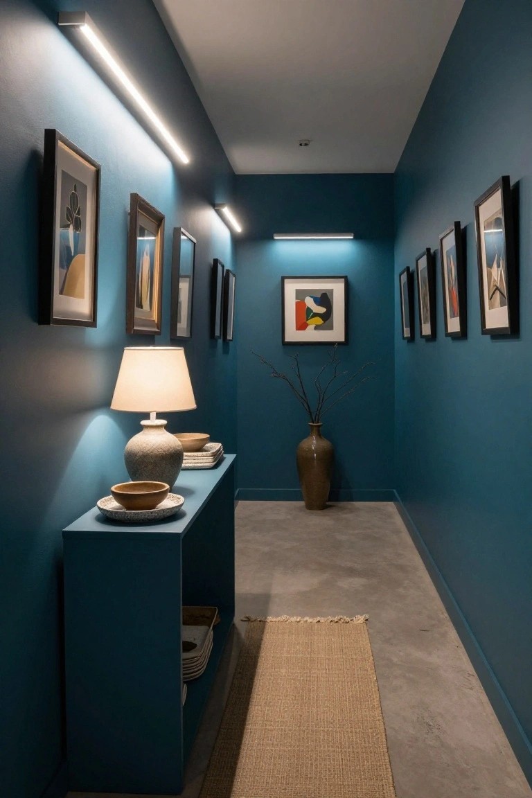 Narrow interior hallway painted teal with multiple framed abstract artworks on walls, slim horizontal LED wall lights, low blue console table holding a ceramic lamp, bowls, and vase with branches, plus a jute runner on polished concrete floor.