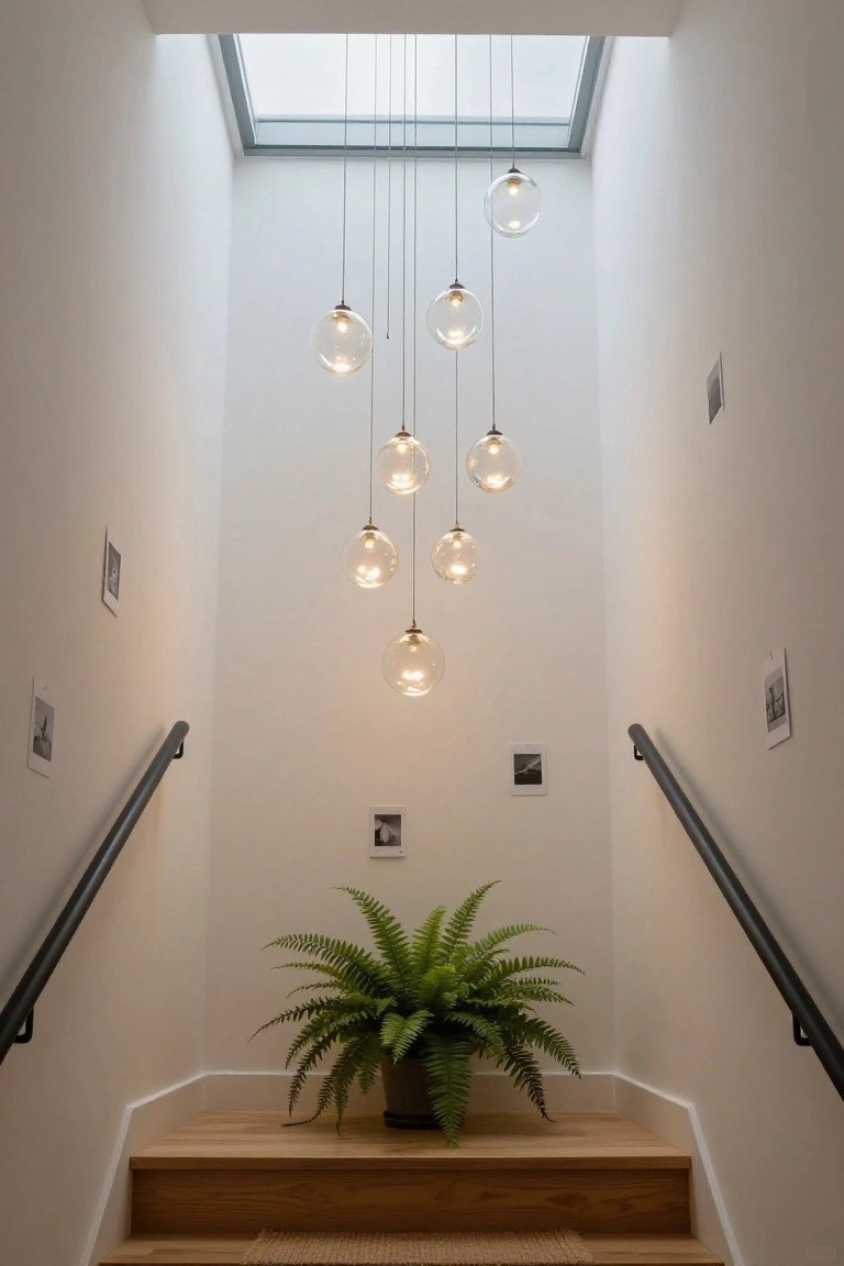 Tall white stairwell with skylight above, multiple clear glass globe pendant lights hanging at varying heights, black metal railings, wooden steps, potted green fern at base, and small photos pinned to walls.