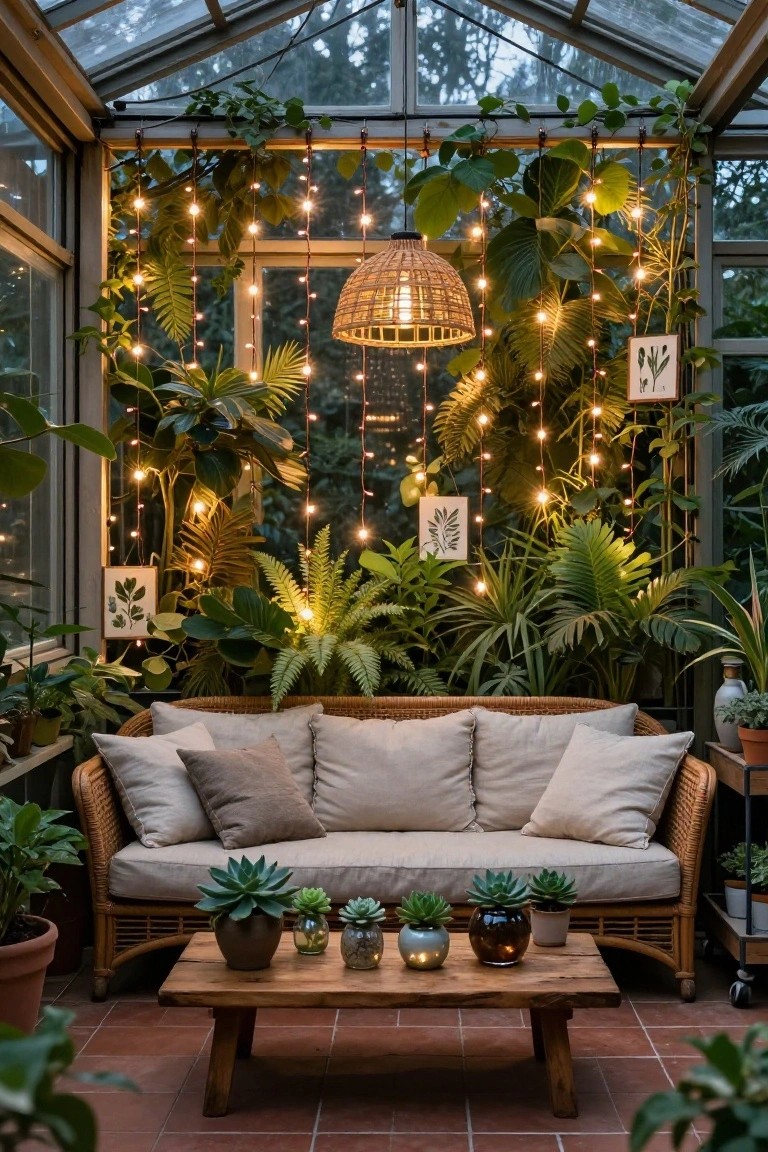 Glass conservatory interior overflowing with tropical plants, rattan sofa and coffee table with potted succulents, woven hanging lantern, and numerous warm string lights draped throughout.