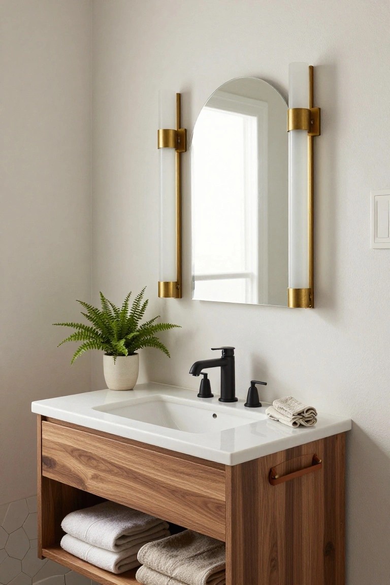 A bathroom vanity with white sink, black faucet, floating wooden cabinet holding towels, white arched mirror flanked by tall gold wall sconces with white shades, a potted fern plant, and light beige walls.