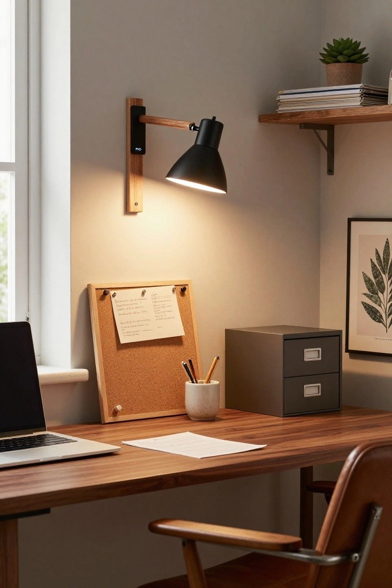 Cozy indoor home office corner featuring a wooden desk with laptop and papers, corkboard with notes, potted plant holder with pencils, gray metal file cabinet, wall shelf with books, plant, framed leaf art, and wall-mounted wooden swing arm lamp with black shade turned on.