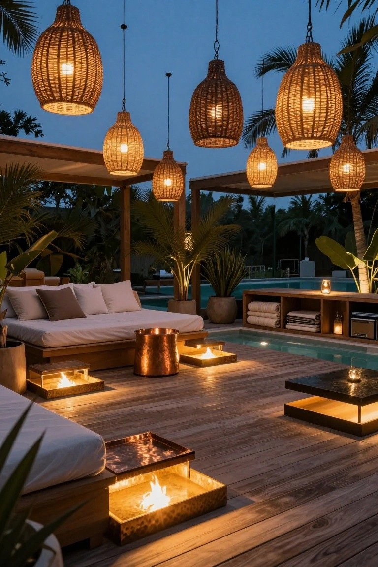 Outdoor wooden deck patio at dusk with hanging rattan lanterns, white cushioned daybeds, copper fire bowls, potted plants, built-in shelves, and a small turquoise pool under a pergola structure surrounded by palms.