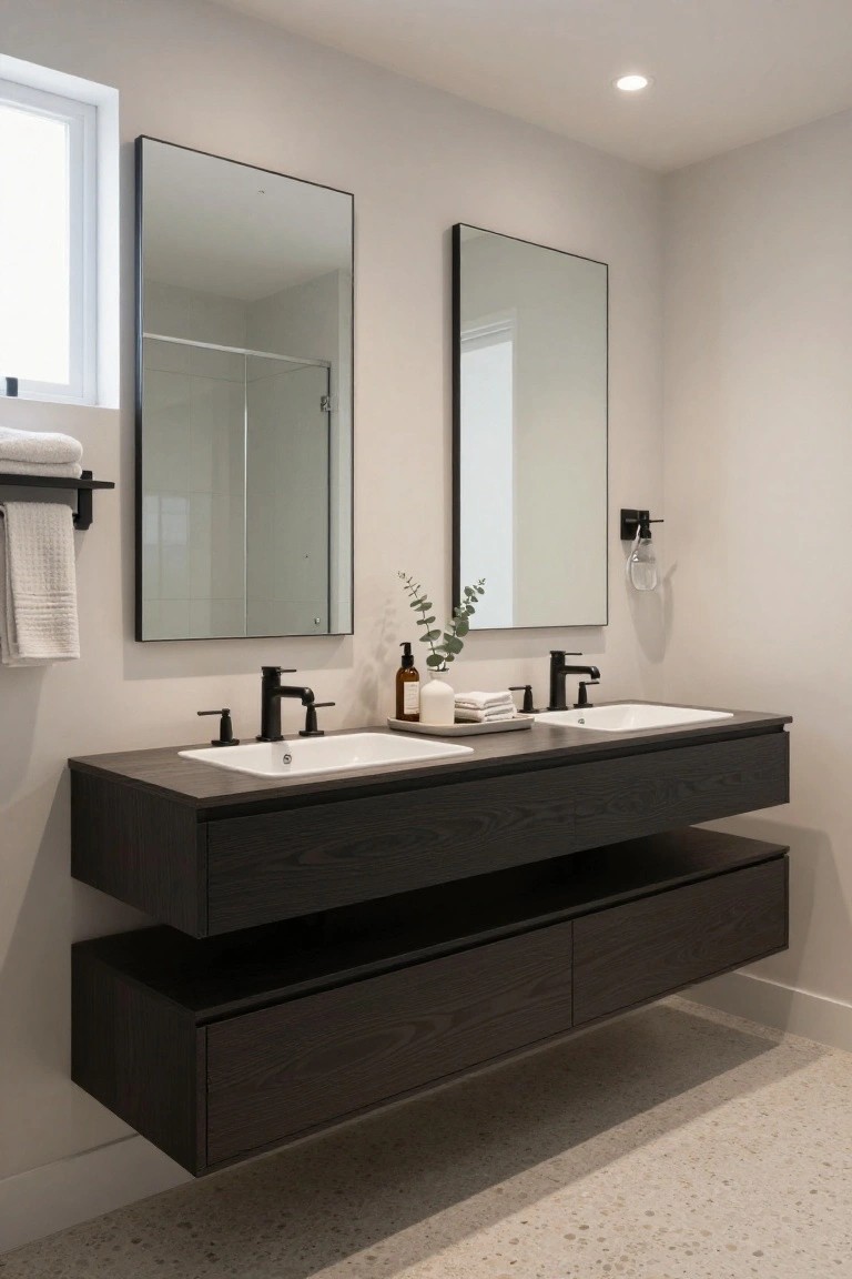 Modern bathroom with floating dark wood double vanity, two white undermount sinks, black faucets, two tall black-framed mirrors, black towel rail, black wall sconce with glass shade, eucalyptus stems, and glass shower enclosure on speckled floor.