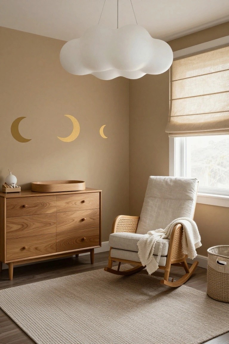 Beige nursery room with white cloud-shaped pendant lamp hanging from ceiling, wooden six-drawer dresser topped with oval changing tray and white decorative items, white rattan rocking chair with cream blanket, gold crescent moon decals on walls, linen roman shade on window, neutral woven rug, and seagrass laundry basket.