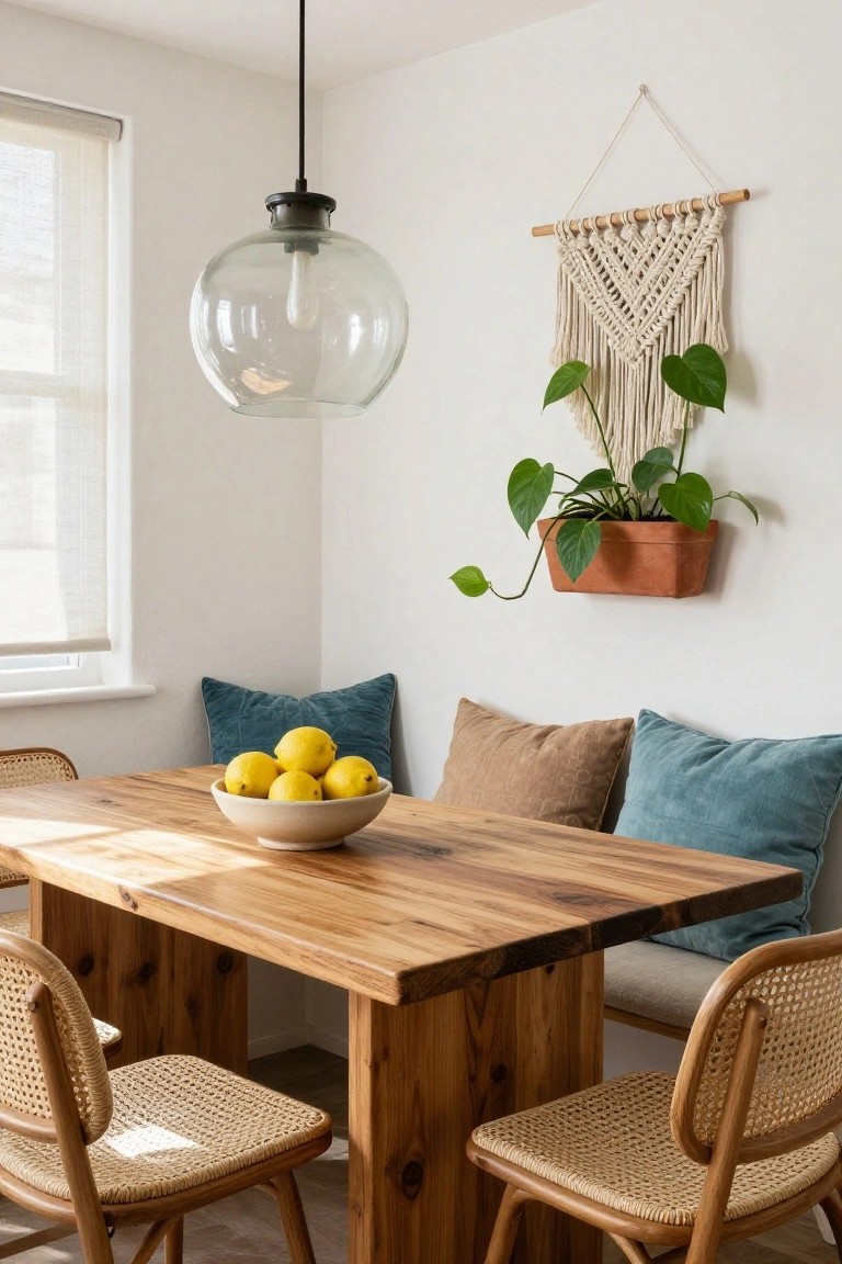 Corner dining area with wooden table holding bowl of lemons, rattan chairs, built-in bench with teal and beige pillows, large clear glass pendant light overhead, macrame wall hanging with potted plant, white walls, and window with sheer blinds.