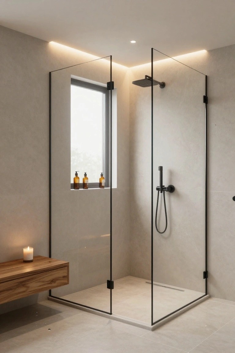 Modern bathroom with glass shower enclosure framed in black metal, LED strip lighting along the top edges, rainfall showerhead and handheld sprayer in black, small window ledge holding amber bottles, wooden floating shelf with white candle, beige tiled walls and floor with linear drain.