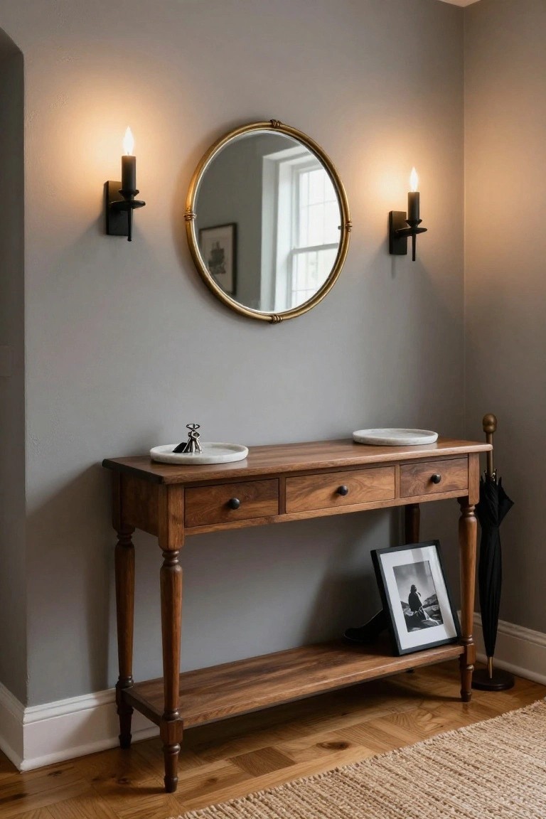 Gray corner hallway with wooden console table holding white marble trays and keys, gold round mirror centered above flanked by two black wall sconces with lit candle flames, umbrella stand, and black-and-white framed photo on lower shelf.