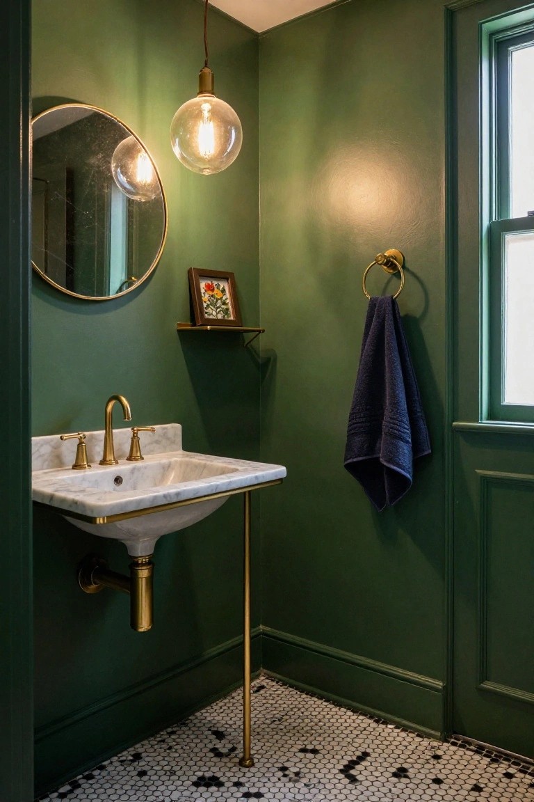 Emerald green bathroom with hanging brass globe pendant light over white marble pedestal sink with brass faucet, round gold mirror, small framed artwork on shelf, navy towel on gold ring, and black-and-white checkered tile floor.