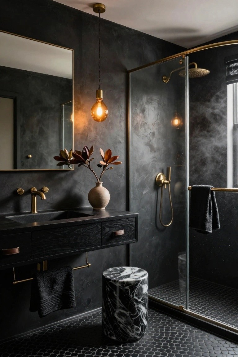 Dark bathroom with textured black walls, brass hanging pendant light over black vanity with sink, gold faucets, glass shower enclosure, marble stool, and black hexagonal floor tiles.