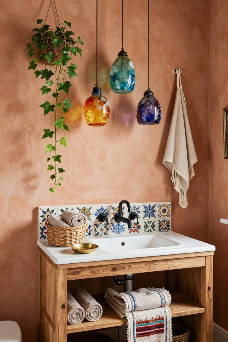 Bathroom with three colorful blown-glass pendant lights in teal, orange, and purple hanging above a wooden vanity, white sink, blue-and-white tiled backsplash, terracotta walls, hanging towels, and ivy plant.