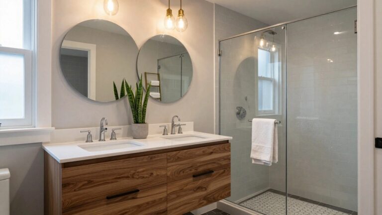 Modern bathroom with gray subway tile shower enclosure, floating wood and black vanity with white sink, gold pendant lights with exposed bulbs, round black mirror, snake plant, and black hexagonal floor tiles.