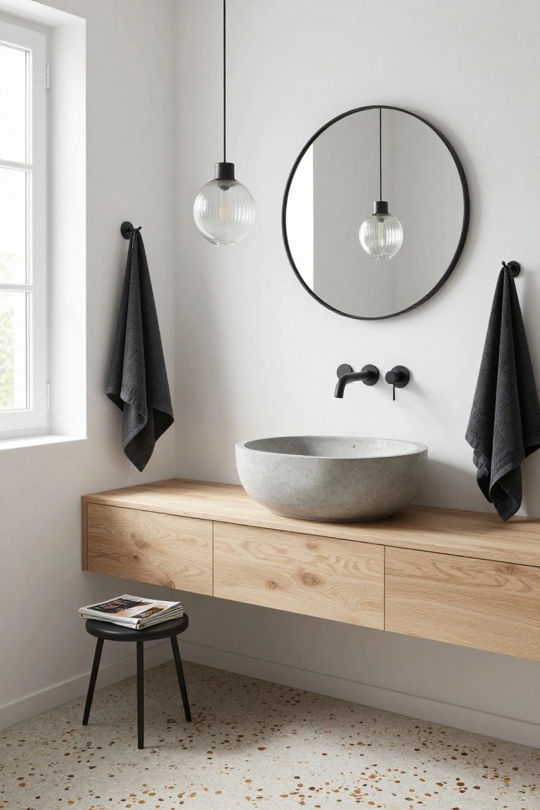 A minimalist bathroom with white walls, a floating oak wood vanity holding a gray stone vessel sink, two black hanging glass globe pendant lights, a large round black-framed mirror above, black towels on hooks, and a small black stool nearby.