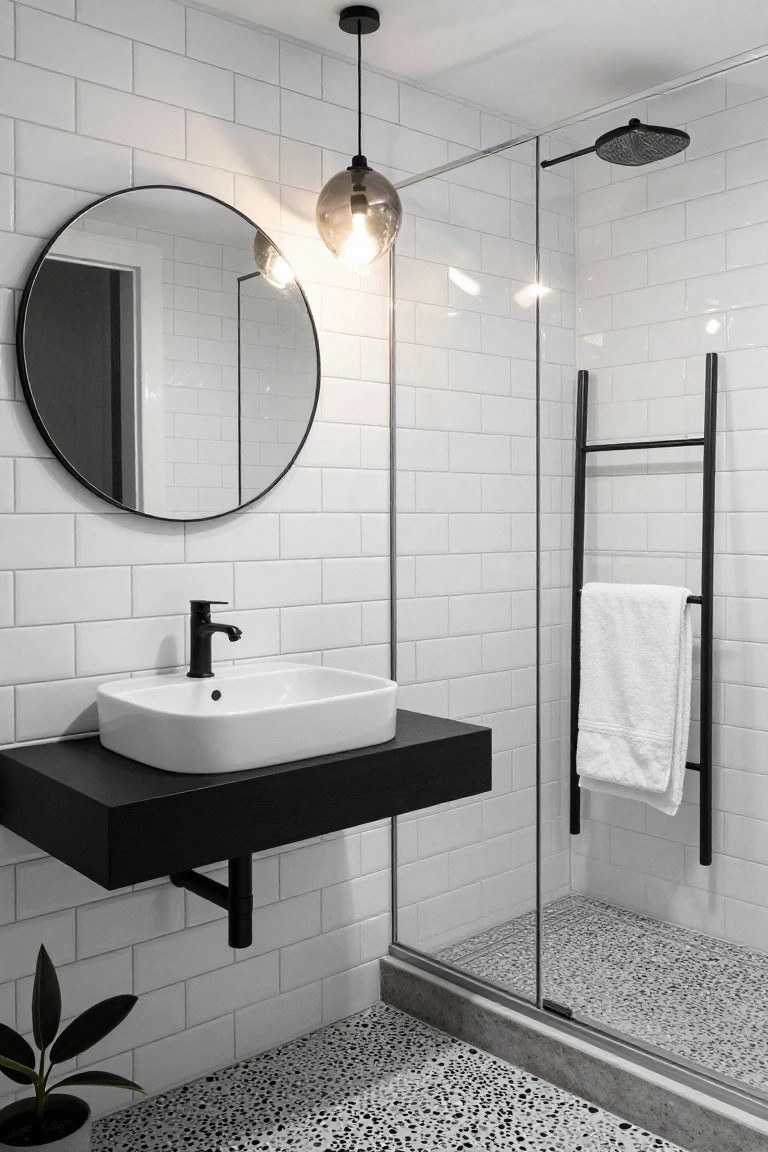 Modern bathroom with white subway tile walls, black floating vanity holding white rectangular sink, large round black-framed mirror, glass shower enclosure with black showerhead, black ladder towel rack with white towel, potted plant, and smoked glass globe pendant light from ceiling.