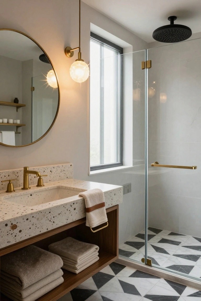 Modern bathroom with terrazzo vanity, gold faucet and hardware, two frosted globe pendant lights, large round gold mirror, glass shower enclosure, and black-and-white geometric tile floor.