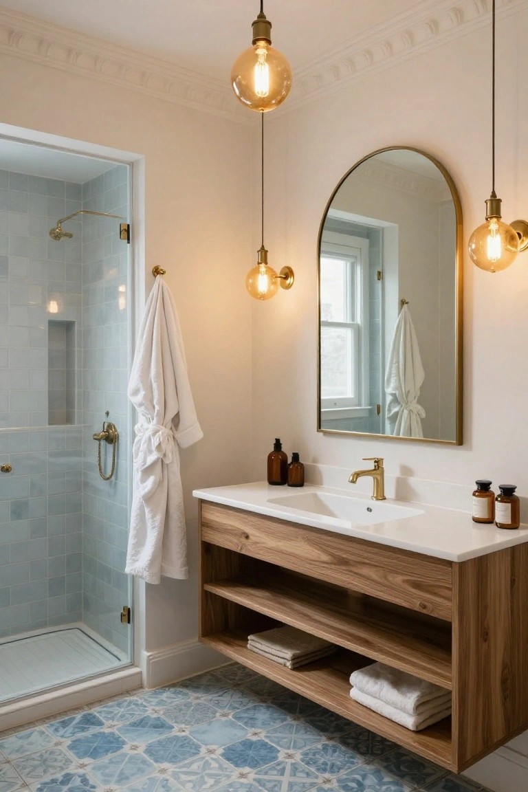 A bathroom with a blue tiled walk-in shower, wooden vanity topped with a white sink and gold faucet, gold-framed arch mirror, hanging white towels, cream walls, blue patterned floor tiles, and multiple brass globe pendant lights.