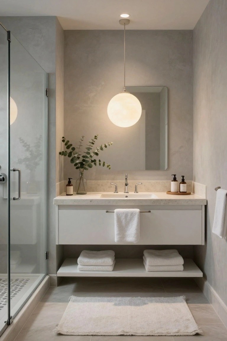 A minimalist bathroom with light gray textured walls, a glass shower enclosure, white vanity cabinet below a round mirror, a large white globe pendant light hanging above, eucalyptus stems in a glass vase, soap bottles on a light quartz countertop, and folded towels on open shelves.