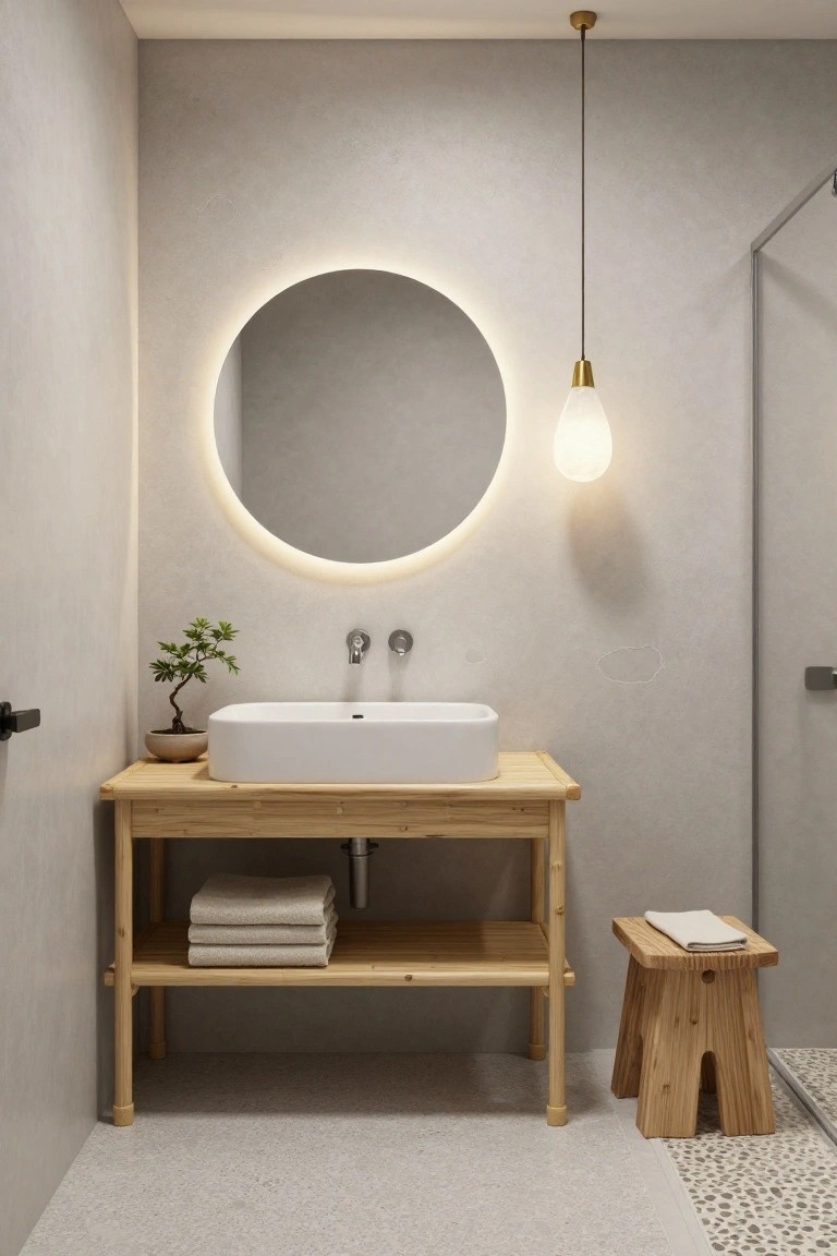 Modern bathroom with wooden vanity, round backlit mirror, and pendant light.