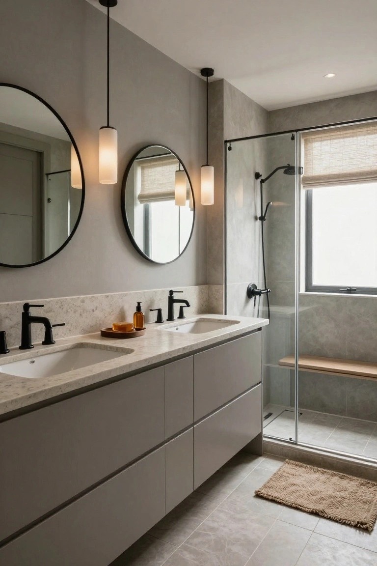 Modern bathroom featuring two round black-framed mirrors, double white sinks with black faucets on a light stone countertop, gray cabinets, glass shower enclosure, and four slim white pendant lights hanging from the ceiling.