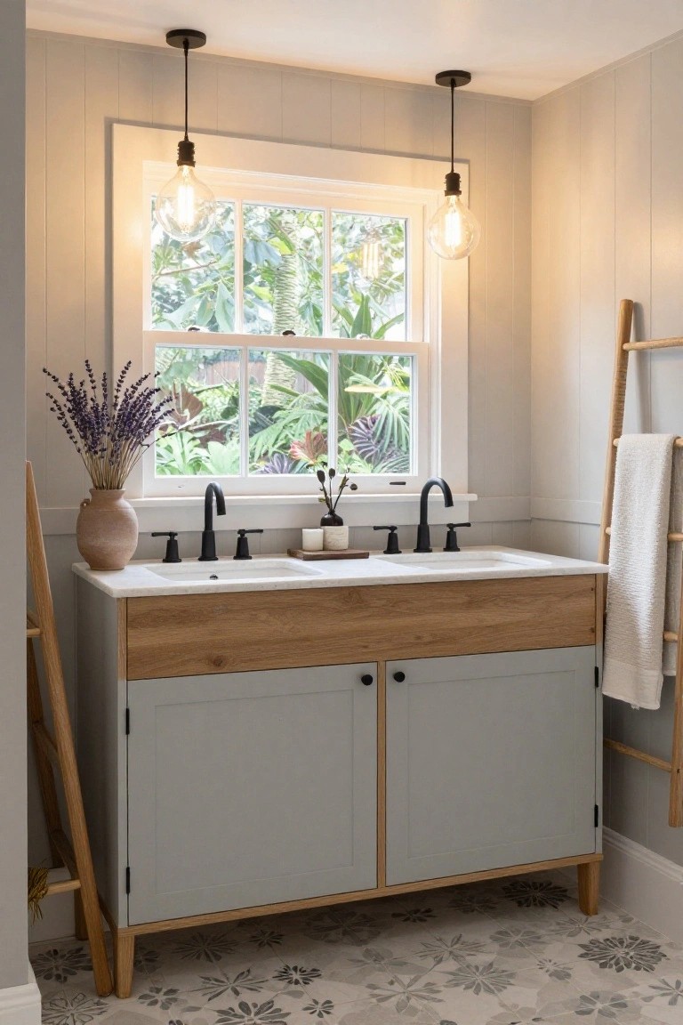 Bathroom vanity with double white sinks, oak and gray cabinetry, two black pendant lights with large clear globe bulbs hanging above, wooden ladder holding white towels, lavender bouquet in terracotta pot, window with tropical plants outside, and gray floral tile floor.