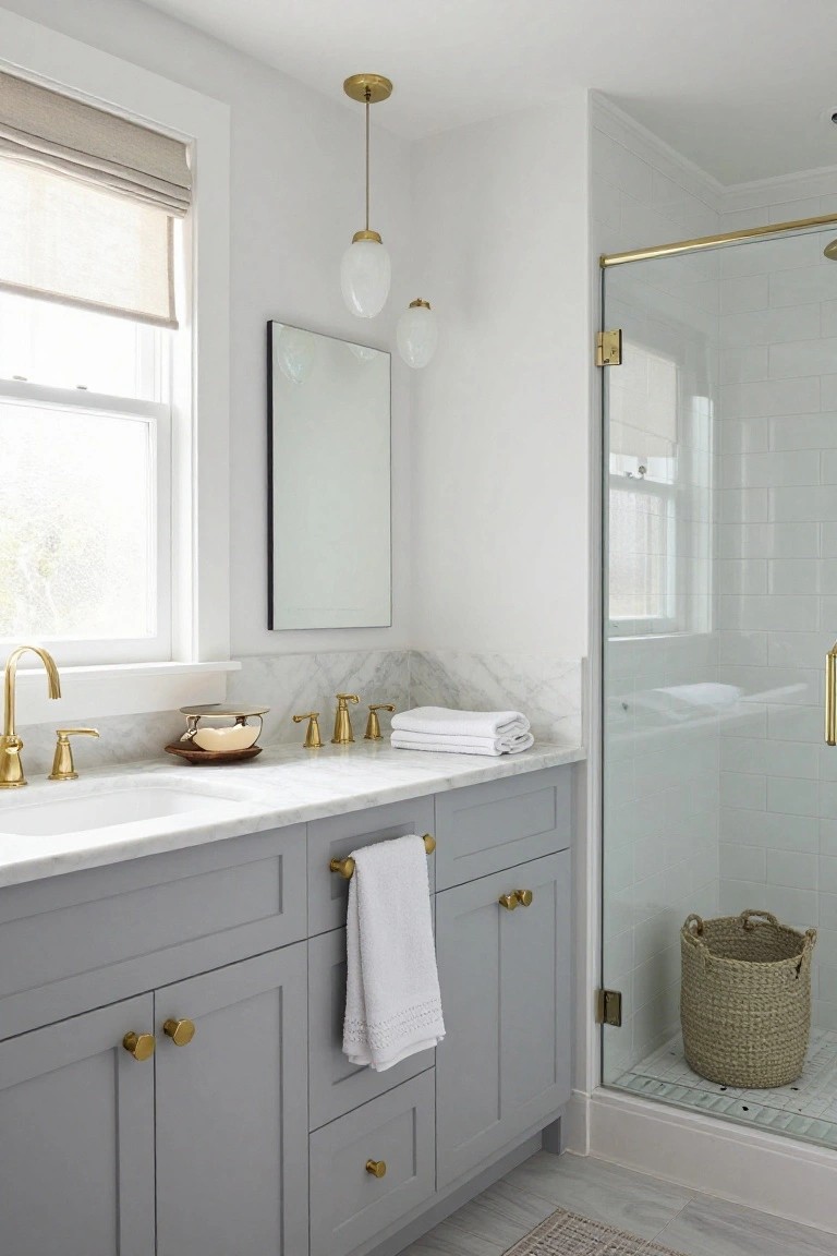 Bathroom with gray shaker cabinets under a white marble double sink topped vanity, gold faucets and hardware, two hanging gold pendant lights with white oval glass shades, glass shower enclosure, and window with linen roman shade.