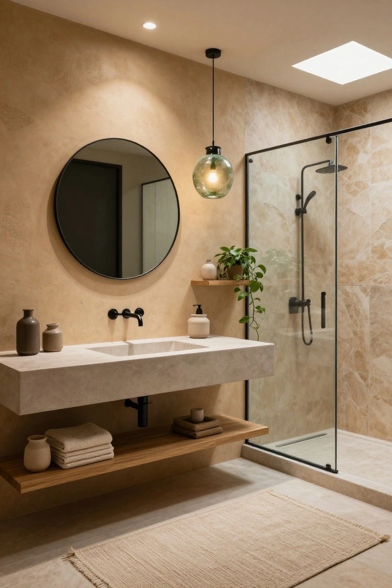 Modern bathroom with beige textured walls and marble-look tiles, floating white sink with black faucet, round black mirror, wooden shelves with towels and vases, potted plants, glass shower enclosure, and large green-tinted glass globe pendant light hanging above the sink.