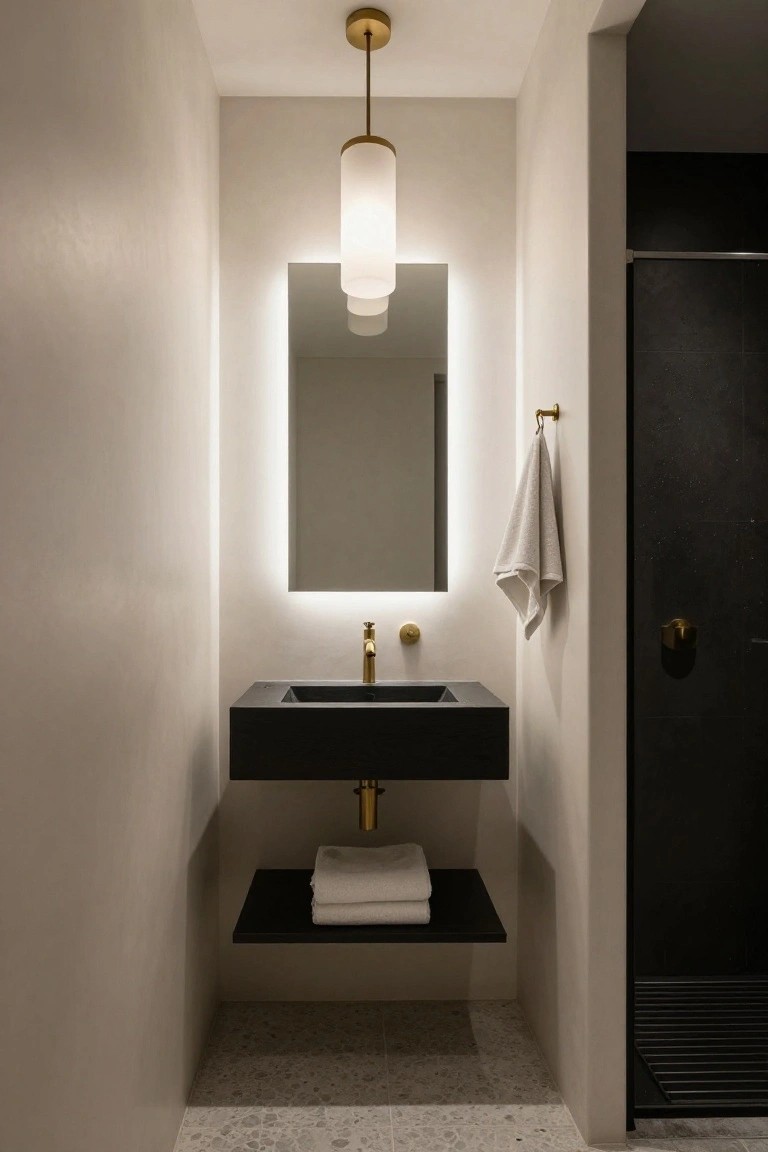 Modern bathroom with floating black vanity sink and gold faucet under a hanging white cylindrical pendant light, backlit rectangular mirror, white towels on shelf and hook, and dark shower door on terrazzo tile floor.