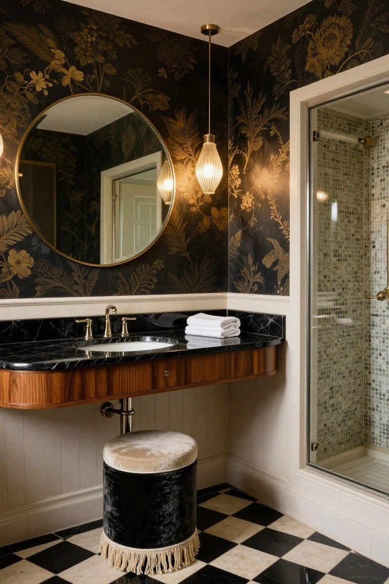 Luxurious bathroom with black floral wallpaper, marble sink, round mirror, and checkered floor.