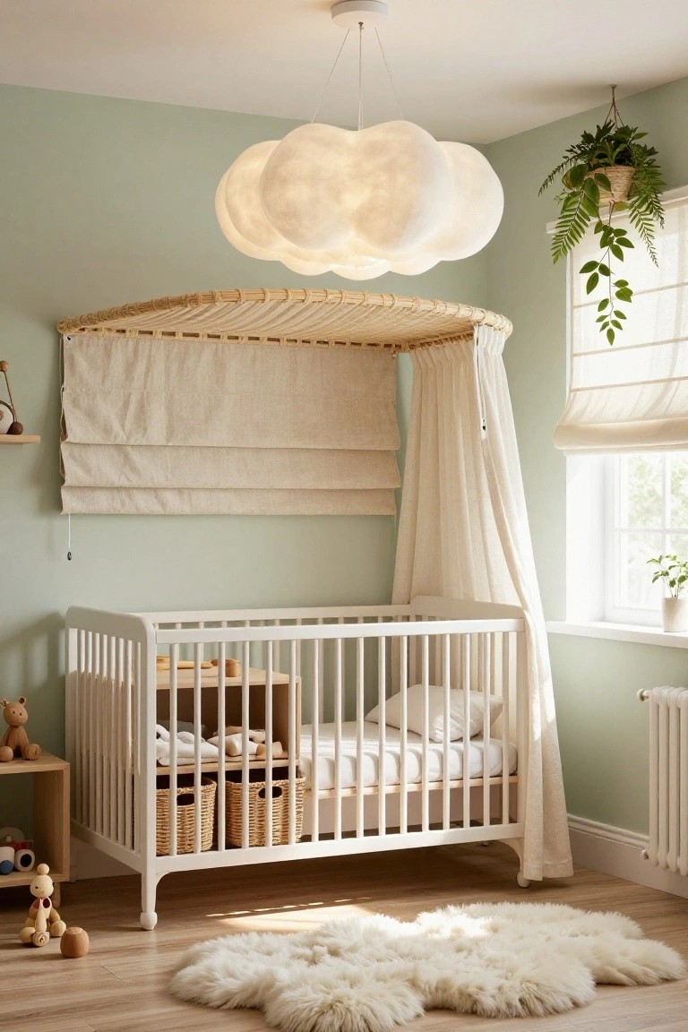 Mint green nursery room with white crib under large cloud-shaped pendant light, rattan canopy bed frame on wall, wooden toys on shelves, white rug on wood floor, and plants near window.