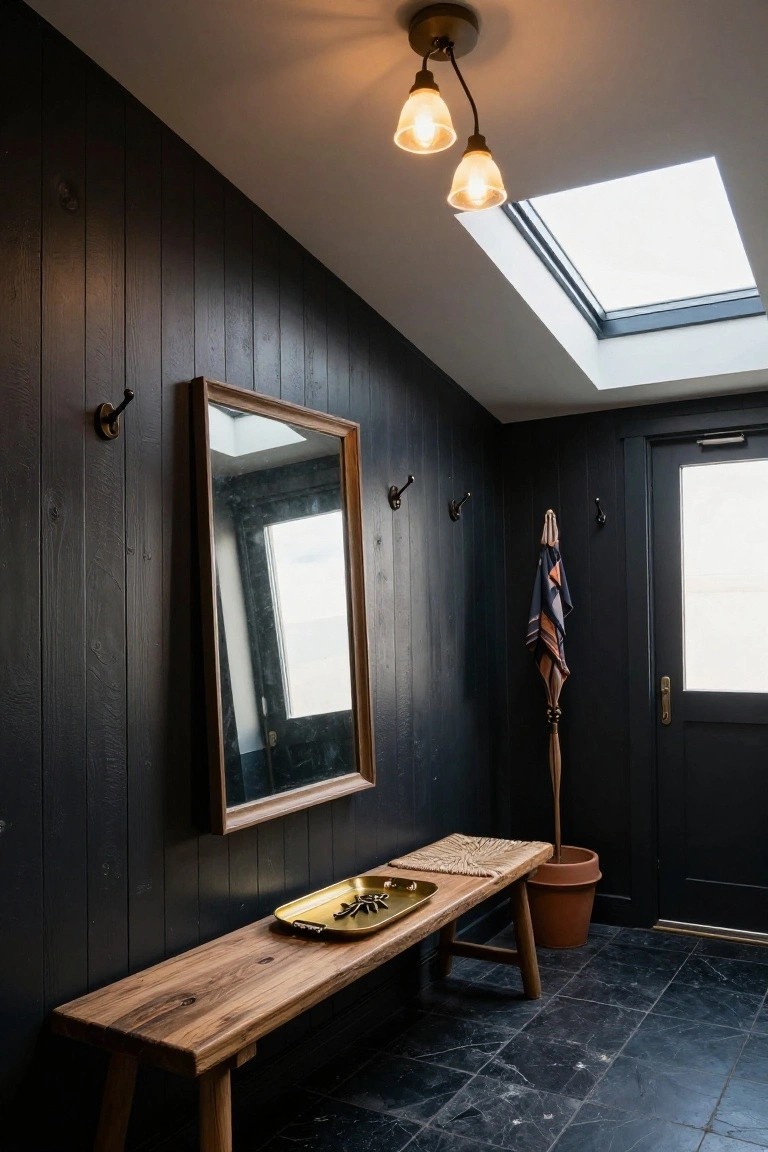 Dark wood-paneled entryway with sloped ceiling, double pendant lights, skylight, large framed mirror, wooden bench with tray, coat hooks, umbrella stand in pot, and black door on black slate floor.