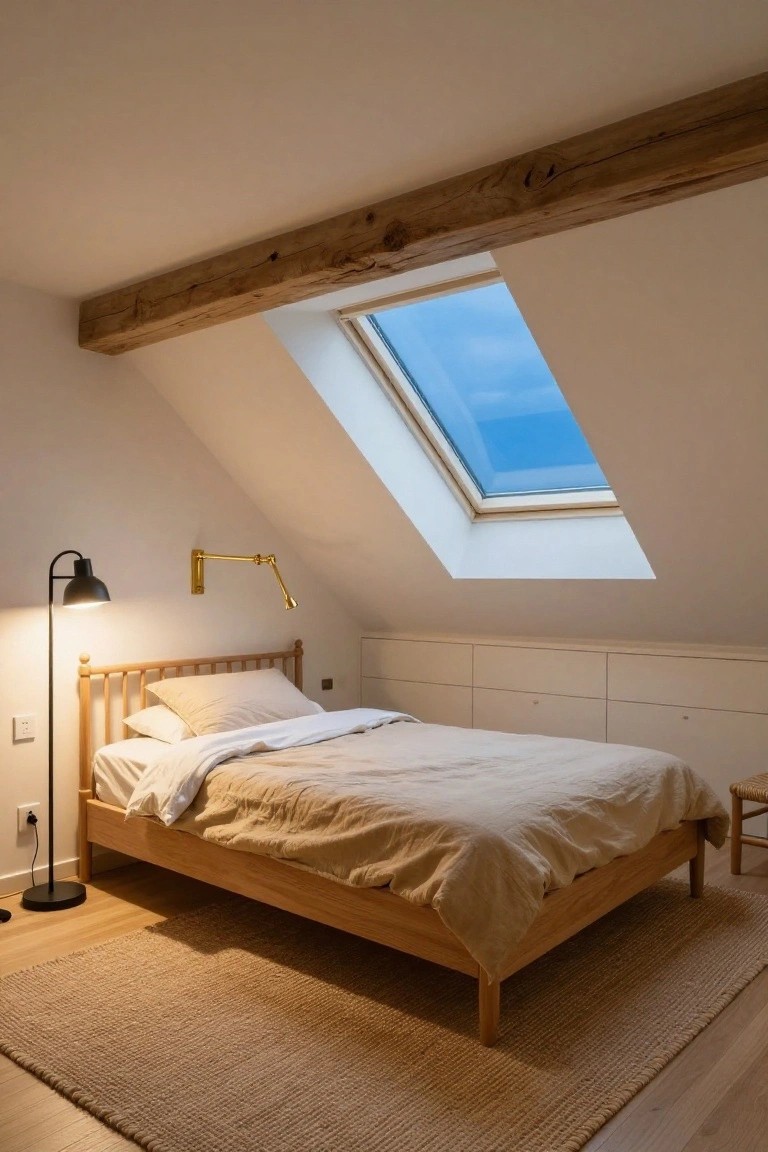 A bedroom under sloped white ceilings with exposed wood beams, a wooden bed with beige linens and white sheets, a black arched floor lamp lit up, a gold adjustable wall sconce, white built-in cabinets, a beige rug on wood floors, and a skylight with blue sky.