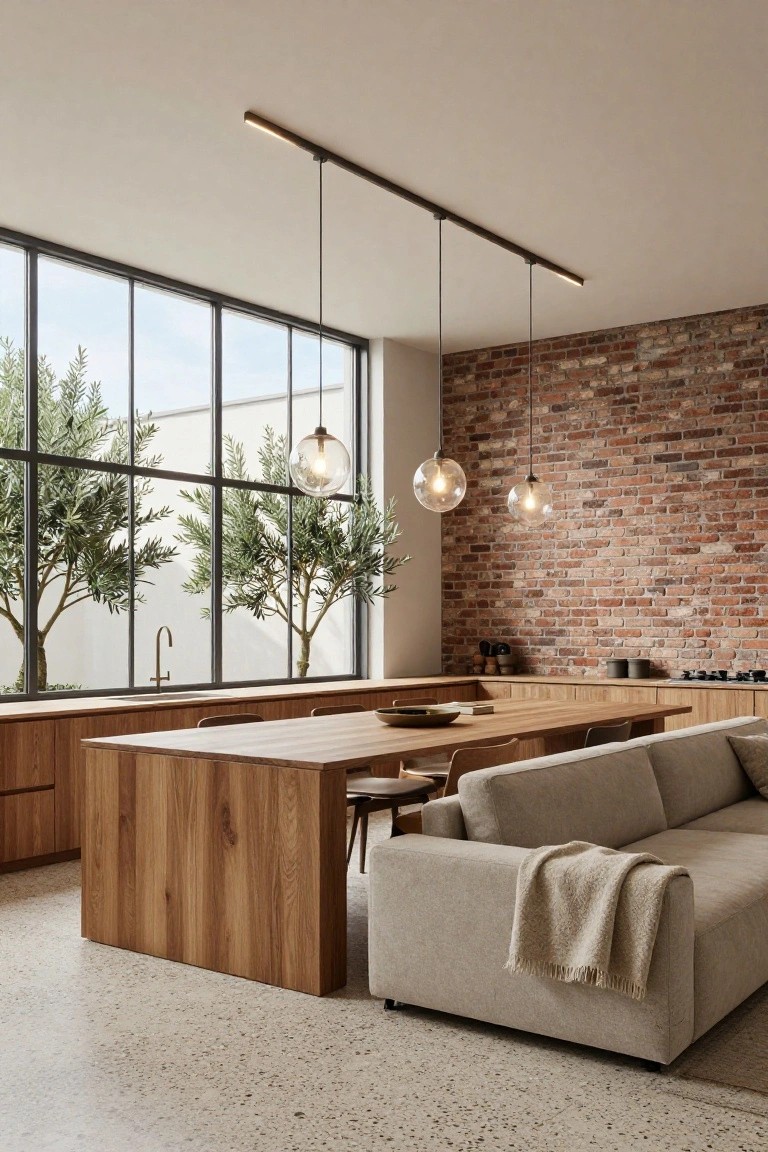 Interior view of a modern kitchen-living area featuring a large wooden island with chairs, beige sofa, exposed brick wall, large windows showing olive trees, and three white globe pendant lights suspended from a black linear track rail above the island.