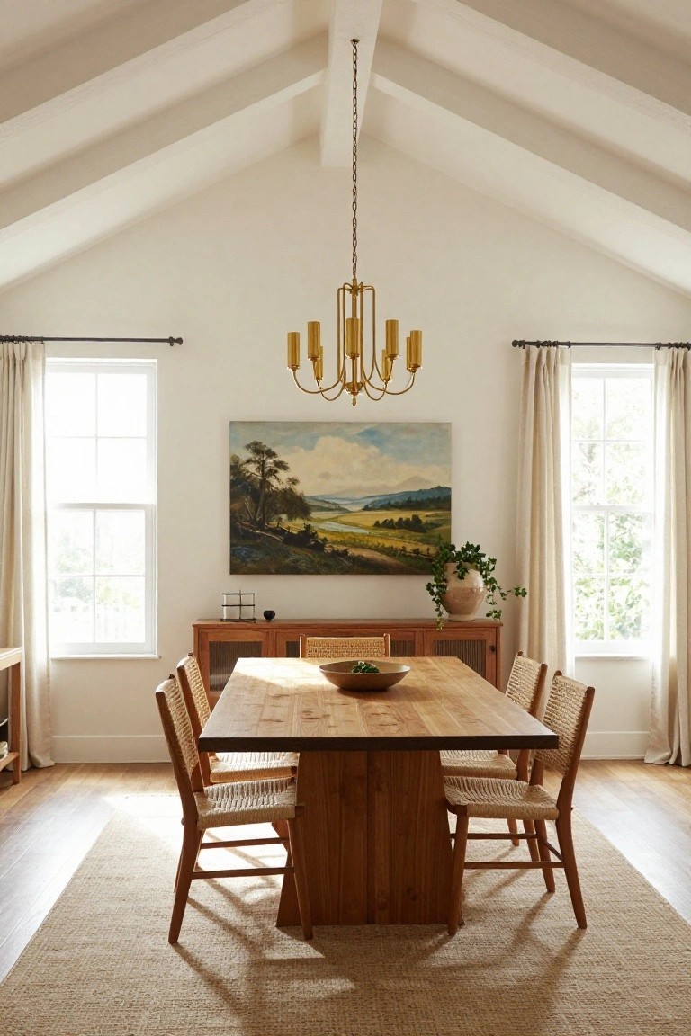 Dining room featuring a high white angled ceiling with a hanging gold five-arm chandelier above a wooden table and rattan chairs, a landscape painting on the wall, wooden credenza, and large windows with sheer curtains.