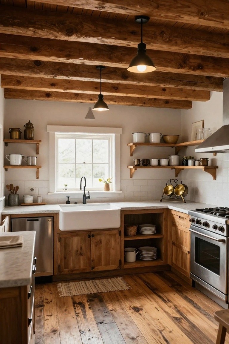 Cozy kitchen featuring exposed wooden beam ceiling with two black pendant lights hanging above farmhouse sink and range, wooden cabinets, open shelving with pottery, and white subway tile backsplash.