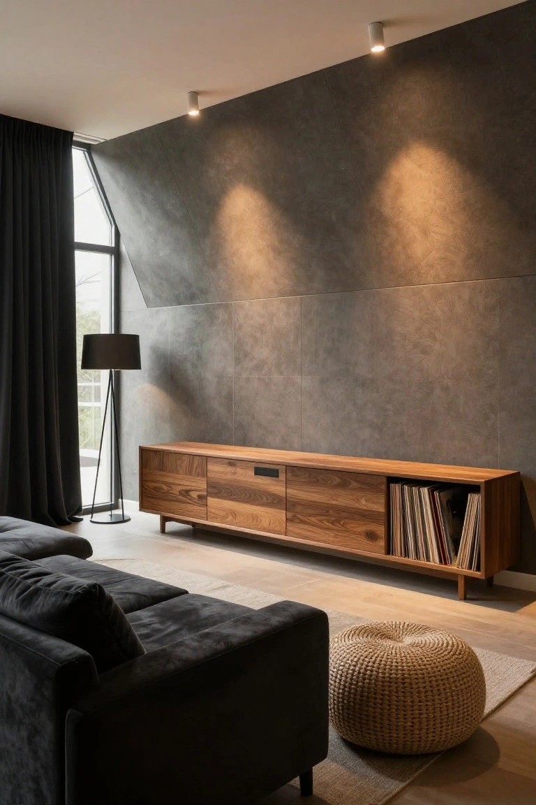 Contemporary living room with angled ceiling and recessed spotlights illuminating textured gray wall, wooden media console with records, black sofa, floor lamp, and woven pouf on light wood floor.
