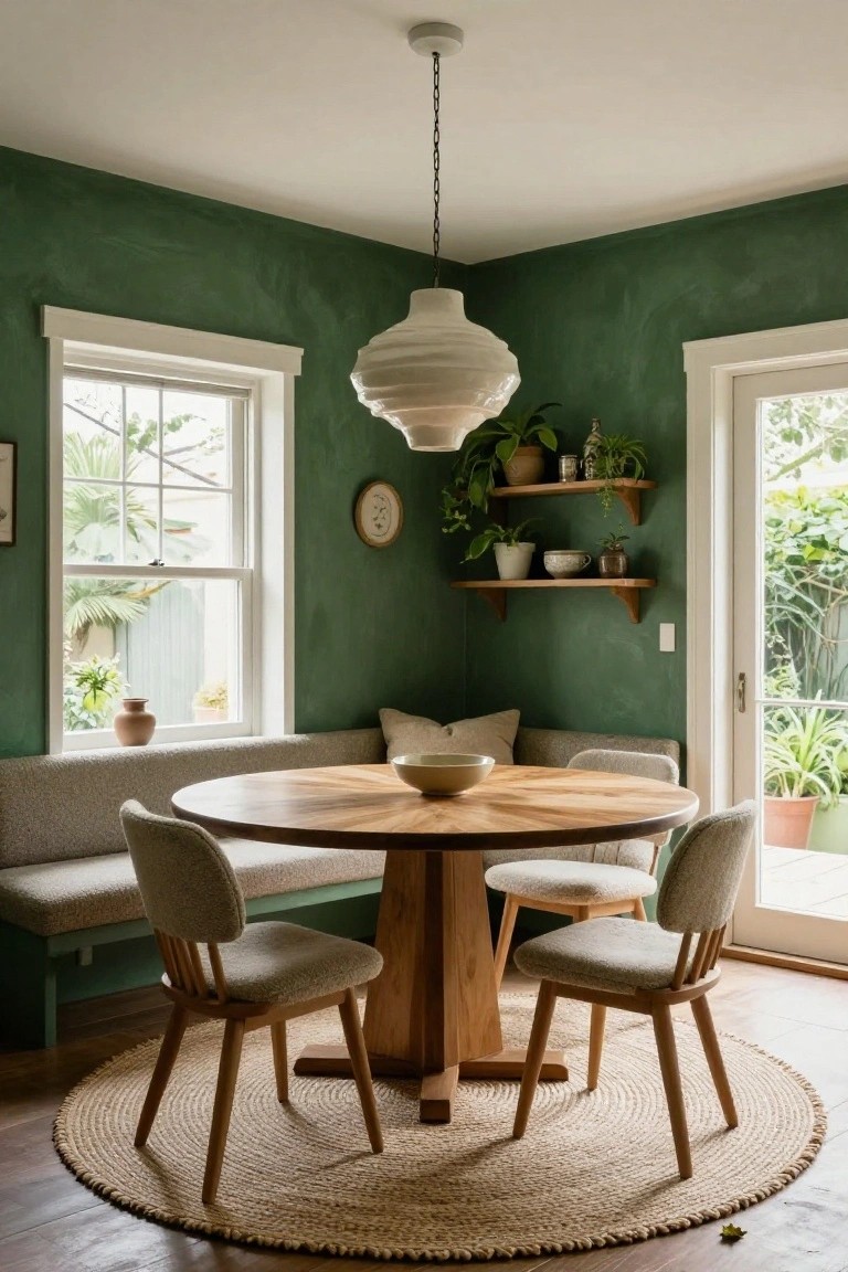 Green textured walls in a corner dining nook with a round wooden table, gray upholstered chairs and bench seating, white ruffled pendant light overhead, plants on shelves, and windows overlooking greenery.