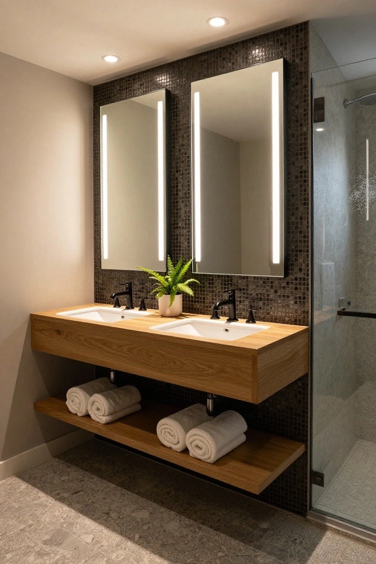 Modern bathroom featuring a floating oak double vanity with two sinks, flanked by tall backlit LED mirrors against a dark mosaic tile wall, a glass shower enclosure, potted plant, and rolled white towels on a lower wood shelf.