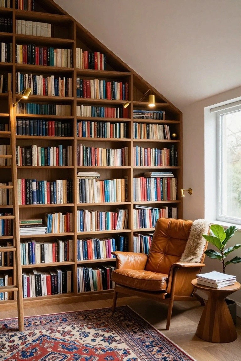 Wooden bookshelves lining an angled ceiling wall filled with colorful books, with brass wall lamps, a tan leather armchair with fur throw, small wooden side table holding stacked books, potted plant, and window in a cozy interior room.
